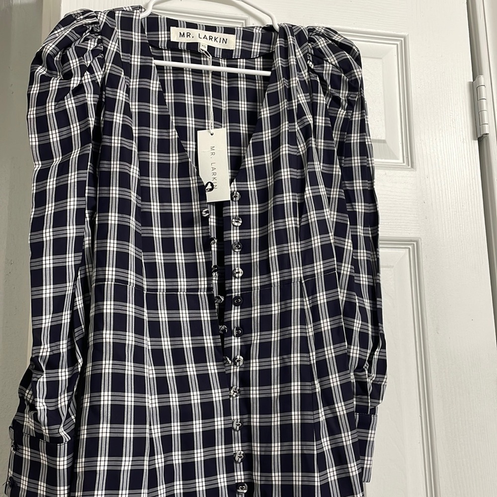 Navy Plaid Long Sleeve Dress